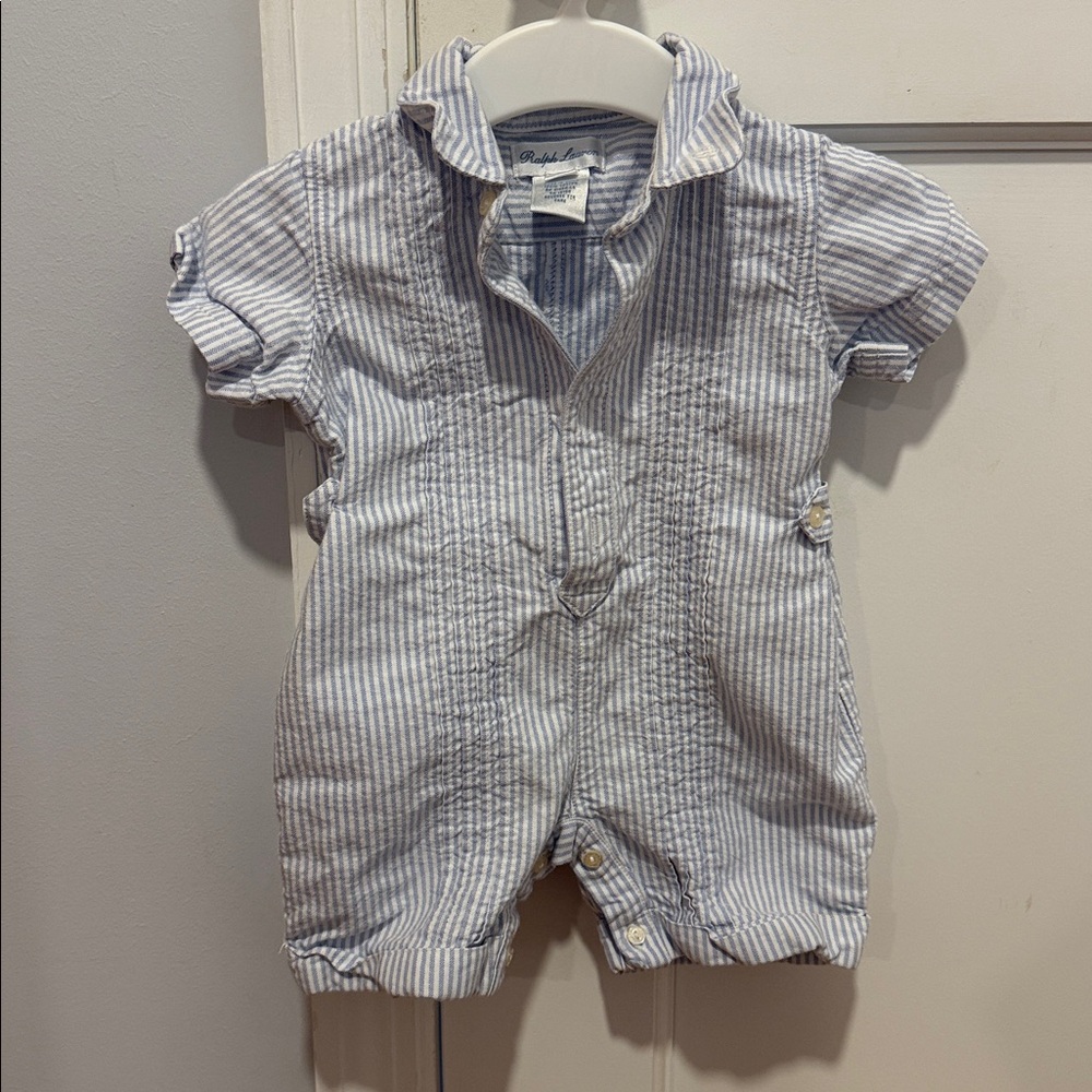 Ralph Lauren Blue and White Striped Baby Shortall